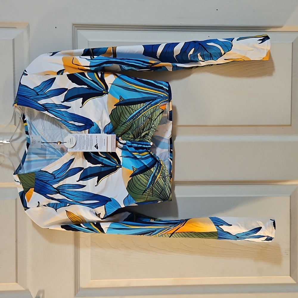 CALIA Women's Long Sleeve Ruched Swim Rashguard: BOTANICAL PRINT WHITE: NWT: S